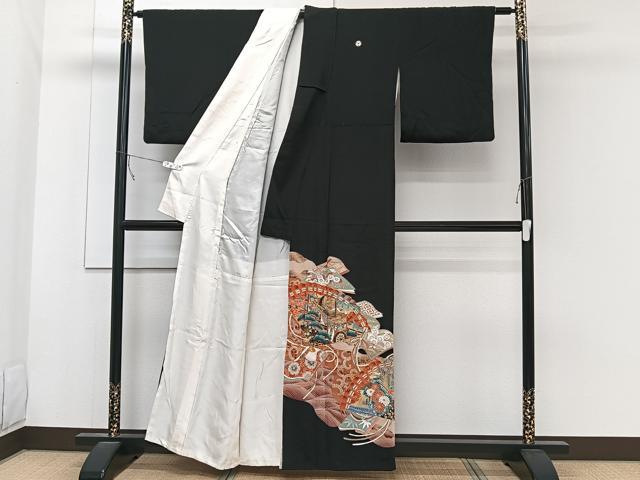平和屋着物■豪華黒留袖　駒刺繍　人物花文　金彩　正絹　逸品　CABC5696xi