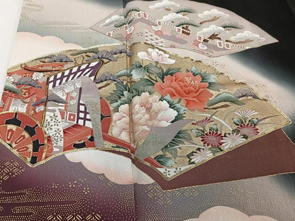 平和屋着物■豪華黒留袖　駒刺繍　地紙花文　暈し染め　金彩　正絹　逸品　CABC5701xi