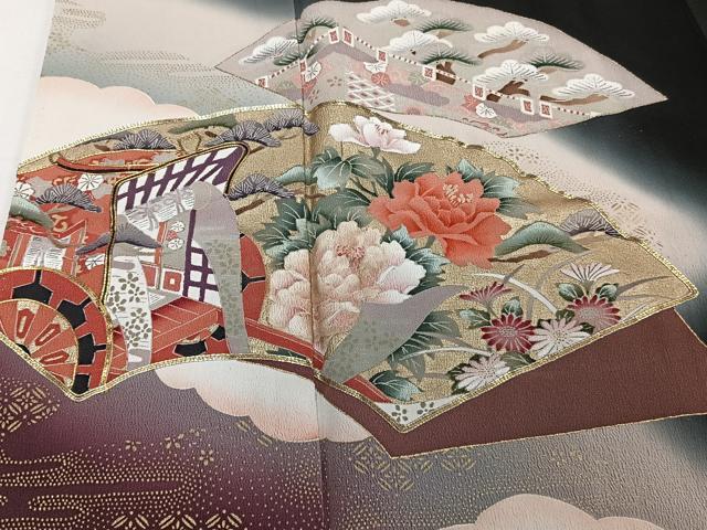 平和屋着物■豪華黒留袖　駒刺繍　地紙花文　暈し染め　金彩　正絹　逸品　CABC5701xi