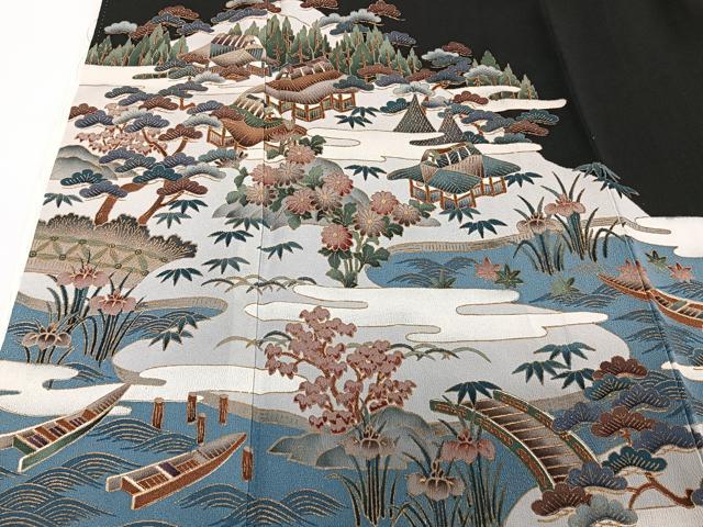 平和屋着物■豪華黒留袖　風景花文　金彩　正絹　逸品　CABC5726xi