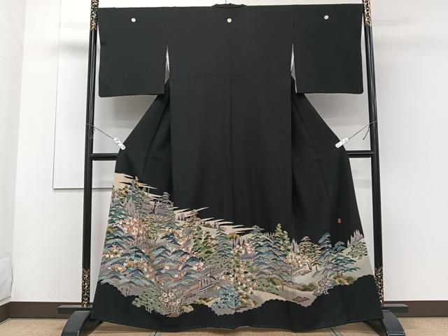 平和屋着物■豪華黒留袖　友禅　作家物　風景花文　正絹　逸品　CABC5892xi