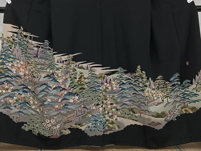 平和屋着物■豪華黒留袖　友禅　作家物　風景花文　正絹　逸品　CABC5892xi