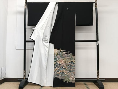 平和屋着物■豪華黒留袖　友禅　作家物　風景花文　正絹　逸品　CABC5892xi