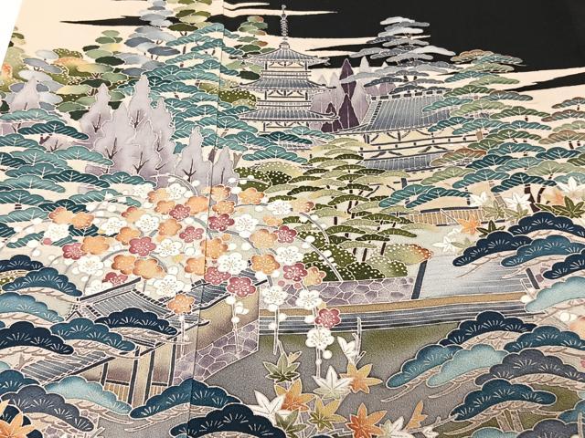 平和屋着物■豪華黒留袖　友禅　作家物　風景花文　正絹　逸品　CABC5892xi