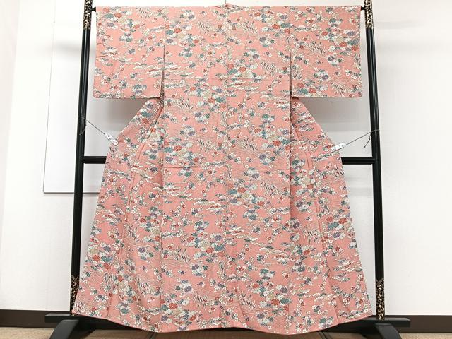 平和屋着物■上質な小紋 流水花文 鬼しぼ縮緬 正絹 逸品 CABC5925xi