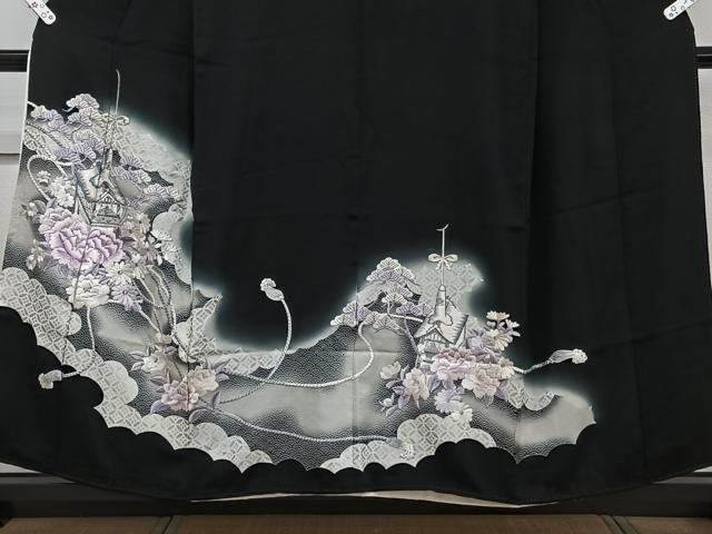 平和屋着物■豪華黒留袖 刺繍 鉾花文 暈し染め 銀彩 正絹 逸品 CABC5937xi