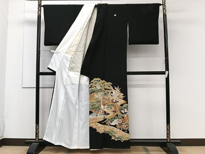 平和屋着物■豪華黒留袖　駒刺繍　草花文　鶴　金彩　正絹　逸品　CABC5950xi