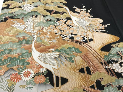 平和屋着物■豪華黒留袖　駒刺繍　草花文　鶴　金彩　正絹　逸品　CABC5950xi