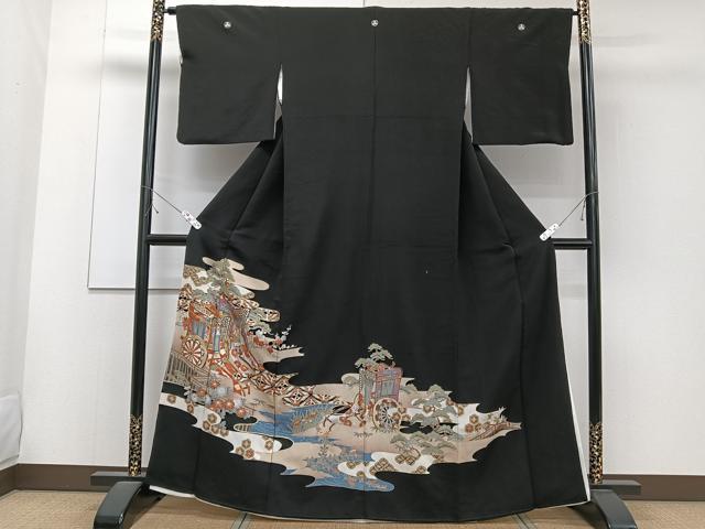 平和屋着物■豪華黒留袖　駒刺繍　御所車文　金彩　正絹　逸品　CABC5954xi