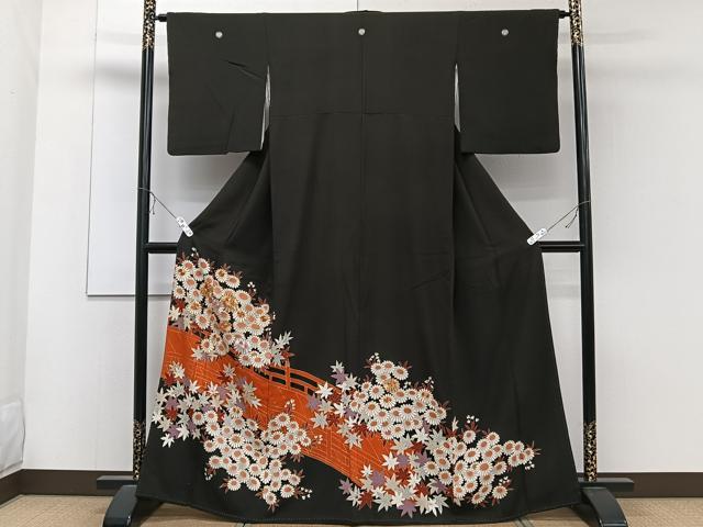 平和屋着物■豪華黒留袖　駒刺繍　渡橋花文　金彩　正絹　逸品　CABC5968xi