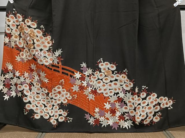 平和屋着物■豪華黒留袖　駒刺繍　渡橋花文　金彩　正絹　逸品　CABC5968xi