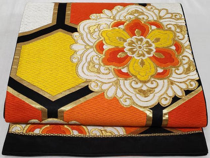 平和屋着物◎六通柄袋帯　唐織　正倉院亀甲花文　黒地　金糸　正絹　逸品　CABC6006vf