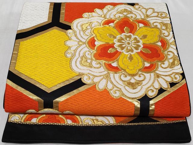 平和屋着物◎六通柄袋帯　唐織　正倉院亀甲花文　黒地　金糸　正絹　逸品　CABC6006vf