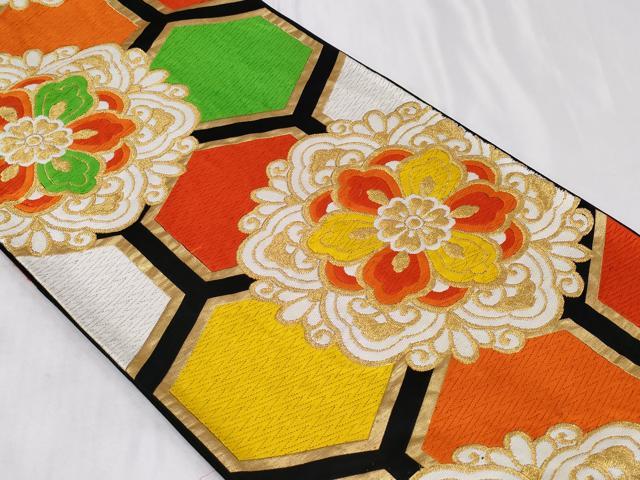 平和屋着物◎六通柄袋帯　唐織　正倉院亀甲花文　黒地　金糸　正絹　逸品　CABC6006vf