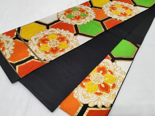平和屋着物◎六通柄袋帯　唐織　正倉院亀甲花文　黒地　金糸　正絹　逸品　CABC6006vf