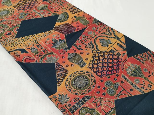 平和屋着物◎六通柄袋帯 切嵌更紗人物文 金糸 正絹 逸品 未使用 CABC6017vf