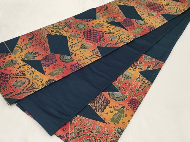 平和屋着物◎六通柄袋帯 切嵌更紗人物文 金糸 正絹 逸品 未使用 CABC6017vf