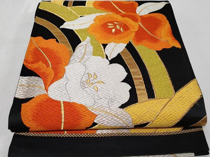 平和屋着物◎六通柄袋帯　唐織　カトレア　黒地　金銀糸　正絹　逸品　CABC6019vf