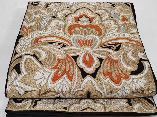 平和屋着物◎六通柄 本袋帯 更紗花唐草文 黒地 金銀糸 正絹 逸品 CABC6037vf