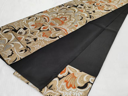 平和屋着物◎六通柄 本袋帯 更紗花唐草文 黒地 金銀糸 正絹 逸品 CABC6037vf