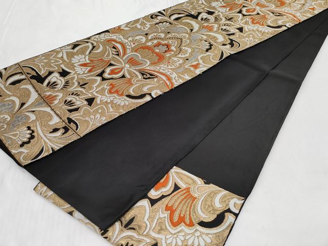 平和屋着物◎六通柄 本袋帯 更紗花唐草文 黒地 金銀糸 正絹 逸品 CABC6037vf