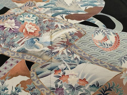 平和屋着物■豪華黒留袖 駒刺繍 蒔絵尾長鳥花文 正絹 逸品 CABC6096ev