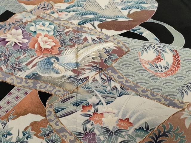 平和屋着物■豪華黒留袖 駒刺繍 蒔絵尾長鳥花文 正絹 逸品 CABC6096ev