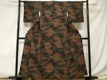 平和屋着物■上質な小紋 風景文 暈し染め 金彩 鬼しぼ縮緬 正絹 逸品 CABC6146ev
