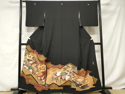 平和屋着物■豪華黒留袖　作家物　屏風尾長鳥草花文　金彩　正絹　逸品　CABC6211ev