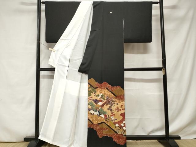 平和屋着物■豪華黒留袖　作家物　屏風尾長鳥草花文　金彩　正絹　逸品　CABC6211ev