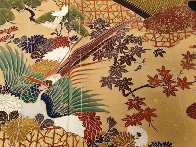 平和屋着物■豪華黒留袖　作家物　屏風尾長鳥草花文　金彩　正絹　逸品　CABC6211ev