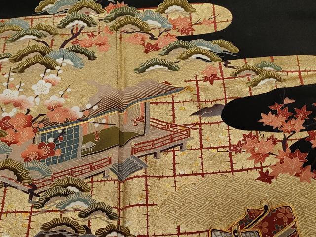 平和屋着物■豪華黒留袖　駒刺繍　御所解文　暈し染め　正絹　逸品　CABC6228ev