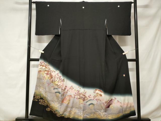 平和屋着物■豪華黒留袖　作家物　流水扇面飛鶴花文　暈し染め　金彩　正絹　逸品　CABC6232ev