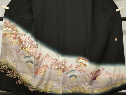 平和屋着物■豪華黒留袖　作家物　流水扇面飛鶴花文　暈し染め　金彩　正絹　逸品　CABC6232ev