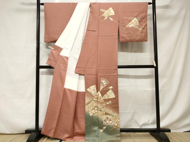 平和屋着物■訪問着 駒刺繍 芒 扇面花文 暈し染め 金銀彩 正絹 逸品 CABC6256ev