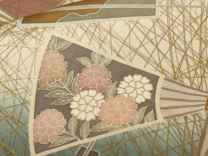平和屋着物■訪問着 駒刺繍 芒 扇面花文 暈し染め 金銀彩 正絹 逸品 CABC6256ev