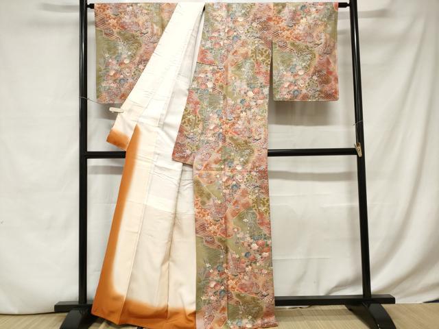 平和屋着物■上質な小紋 切嵌吉祥草花文 暈し染め 金銀彩 正絹 逸品 CABC6278ev