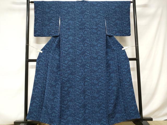 平和屋着物■上質な小紋 藍 型染め 御所解文 鬼しぼ縮緬 正絹 逸品 CABC6280ev