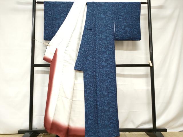 平和屋着物■上質な小紋 藍 型染め 御所解文 鬼しぼ縮緬 正絹 逸品 CABC6280ev