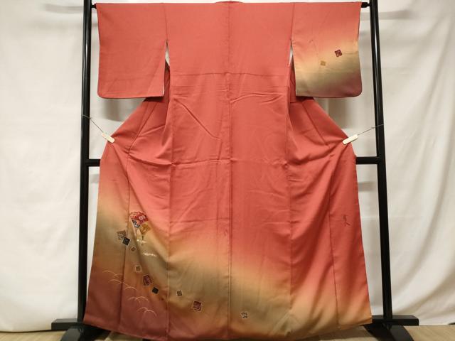 平和屋着物■訪問着　松原清久　芝草色紙重ね花文　暈し染め　金銀彩　正絹　逸品　CABC6368ev