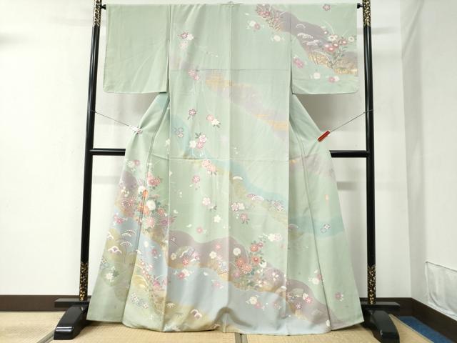 平和屋着物●訪問着 作家物 駒刺繍 扇面吉祥草花文 金彩 正絹 逸品 未使用 CABC6401yc