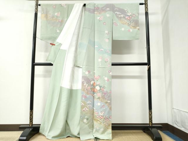 平和屋着物●訪問着 作家物 駒刺繍 扇面吉祥草花文 金彩 正絹 逸品 未使用 CABC6401yc