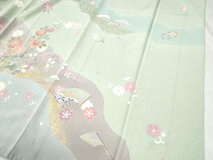 平和屋着物●訪問着 作家物 駒刺繍 扇面吉祥草花文 金彩 正絹 逸品 未使用 CABC6401yc