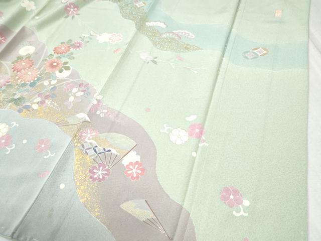 平和屋着物●訪問着 作家物 駒刺繍 扇面吉祥草花文 金彩 正絹 逸品 未使用 CABC6401yc