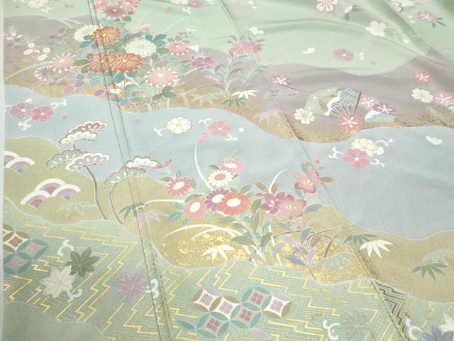 平和屋着物●訪問着 作家物 駒刺繍 扇面吉祥草花文 金彩 正絹 逸品 未使用 CABC6401yc