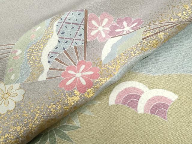 平和屋着物●訪問着 作家物 駒刺繍 扇面吉祥草花文 金彩 正絹 逸品 未使用 CABC6401yc