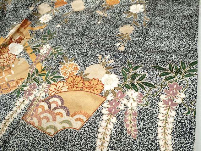 平和屋着物●豪華振袖 駒刺繍 糸巻き吉祥枝垂れ花蝶文 たたき染め 黒地 金彩 正絹 逸品 CABC6404yc