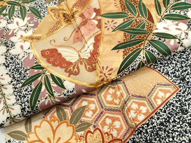 平和屋着物●豪華振袖 駒刺繍 糸巻き吉祥枝垂れ花蝶文 たたき染め 黒地 金彩 正絹 逸品 CABC6404yc