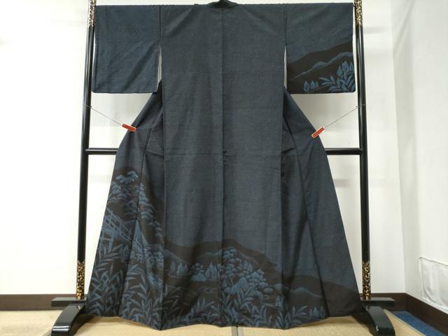 平和屋着物●訪問着 紬地 遠山渡り橋樹林風景文 正絹 逸品 CABC6406yc