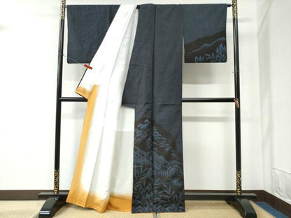 平和屋着物●訪問着 紬地 遠山渡り橋樹林風景文 正絹 逸品 CABC6406yc